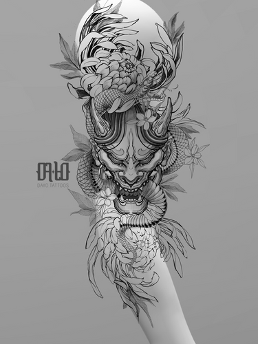 Hannya, Snake & Chrysanthemums by Jonas