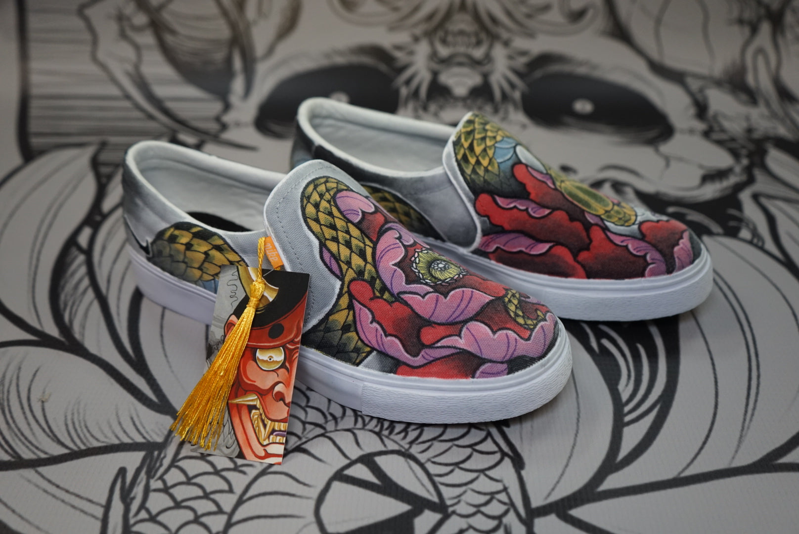 Hand Painted Shoes Snake Peony Skull and Lotus Tattoo